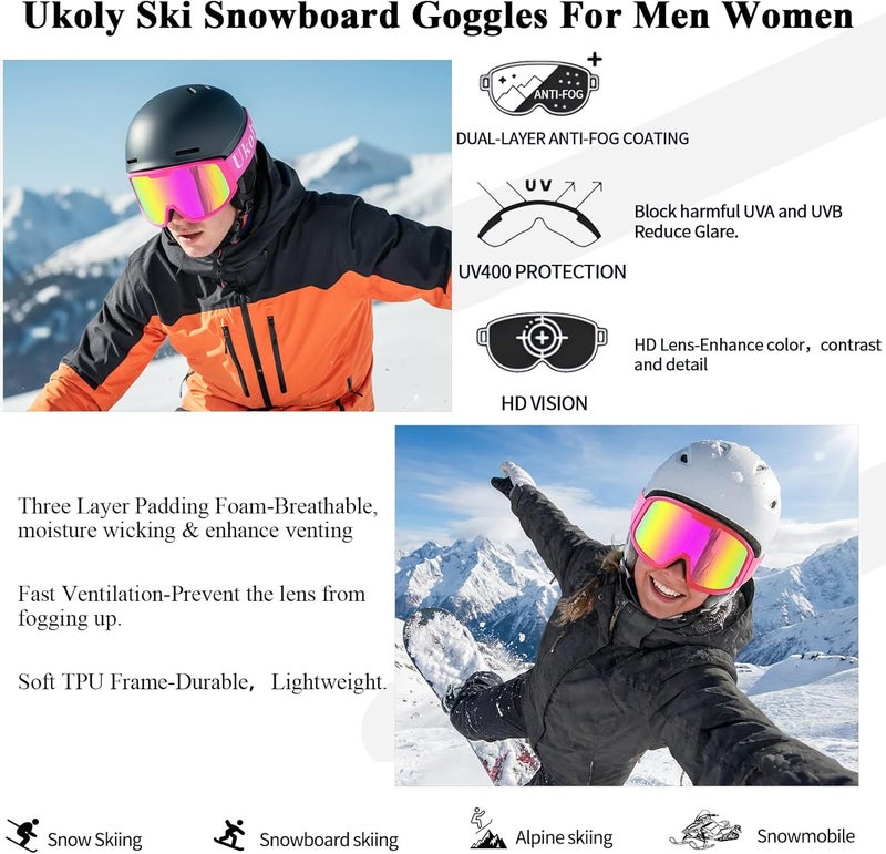 Ukoly Ski/Snowboard Goggles for Men Women, Snow Goggles HD Lens Anti-Fog Coating OTG Design UV400 Protection Windproof - Image 3